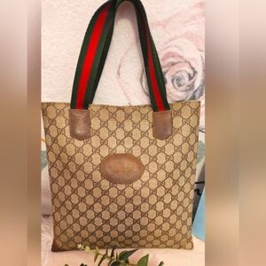 Gucci Beige and Brown Tote Bag with Red and Green Straps GUC
